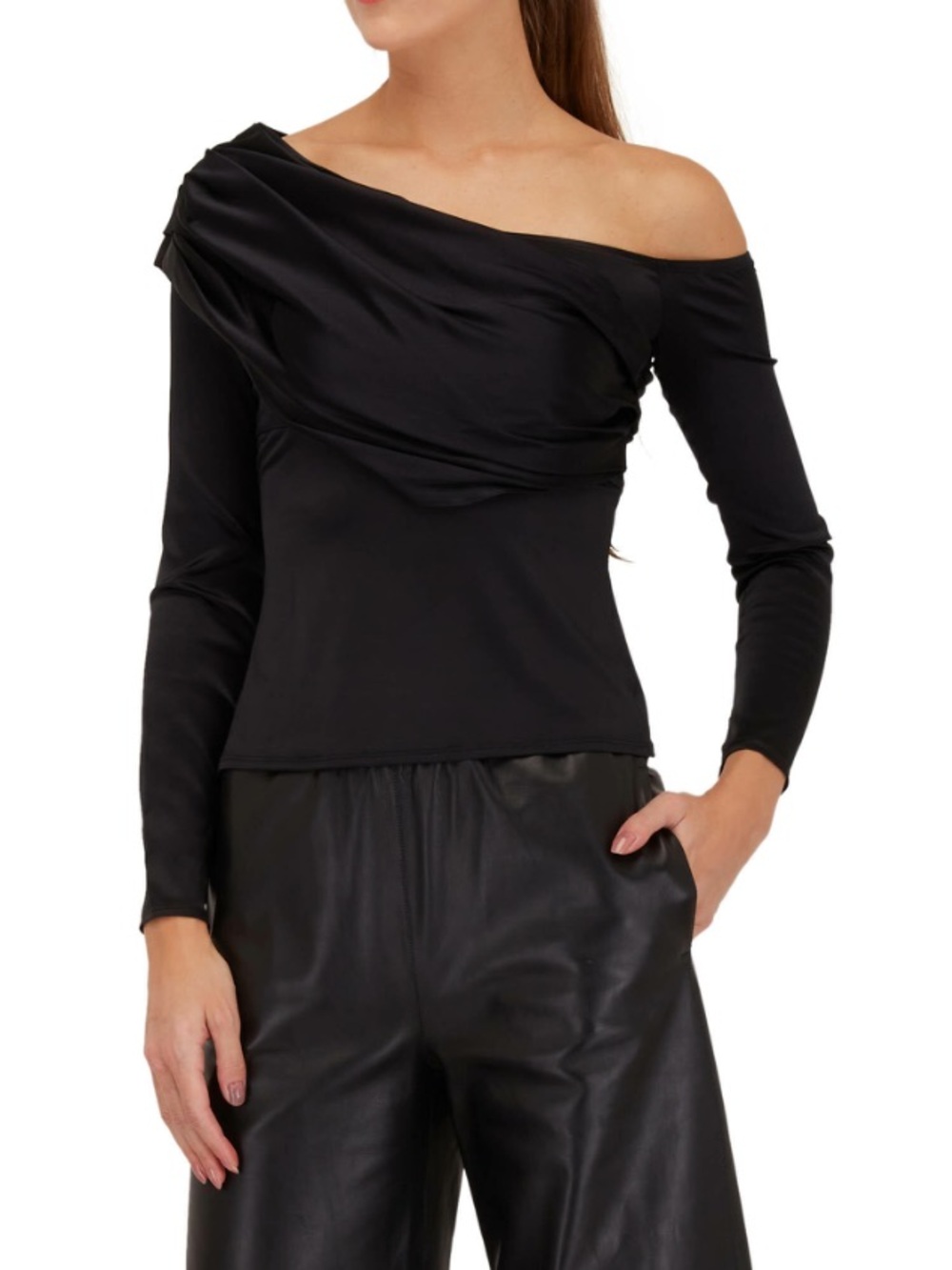 L'AGENCE Sharma Black Off-Shoulder Draped Long Sleeve Top - Size XS